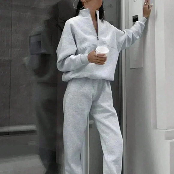 Grey Casual Women's Half Zipper Hoodie And Jogger Pants Two Piece Set - Picture 4 of 7